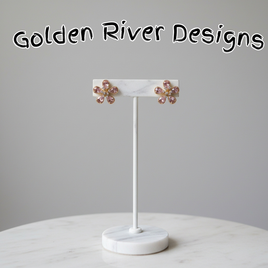 18K Gold Plated Pink Flower Earrings, Sparkling Studs, Dainty Gold Jewelry, Everyday Gift for Her