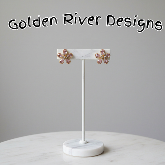 18K Gold Plated Pink Flower Earrings, Sparkling Studs, Dainty Gold Jewelry, Everyday Gift for Her