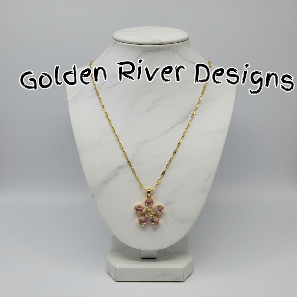 18K Gold Plated Zircon Pink Flower Necklace, Dainty Pendant, Minimalist Gold Chain, Gift for Her