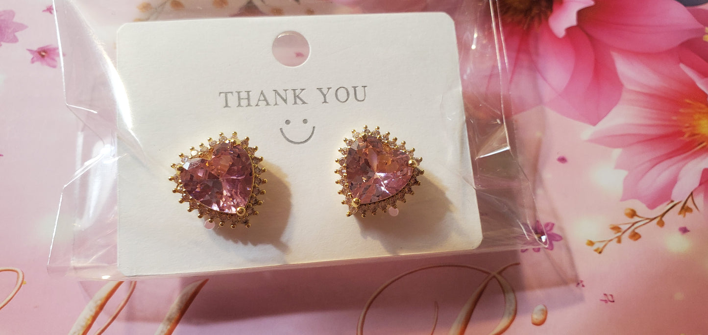18K Gold Plated Zircon Pink Heart Earrings