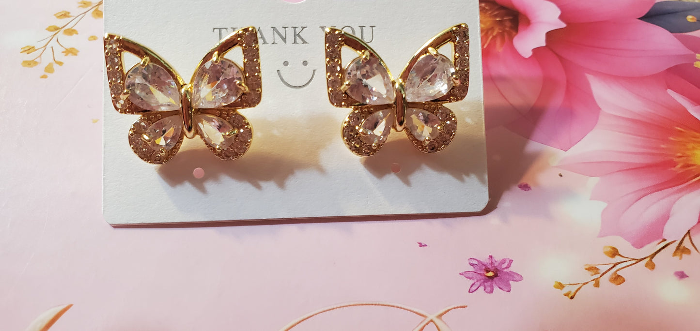 18K Gold Plated Zircon White Butterfly Earrings