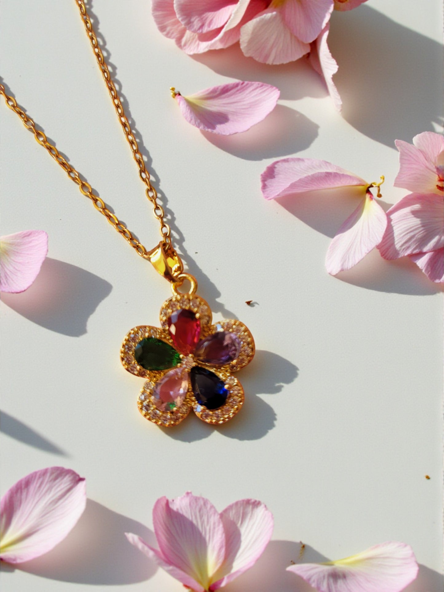 18K Gold Plated Zircon Multi Shade Flower Necklace