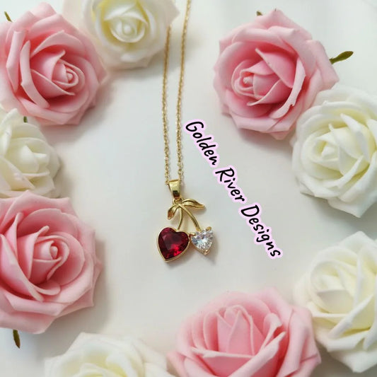 18K Gold PVD Stainless Steel Red White Cherry Zircon Necklace