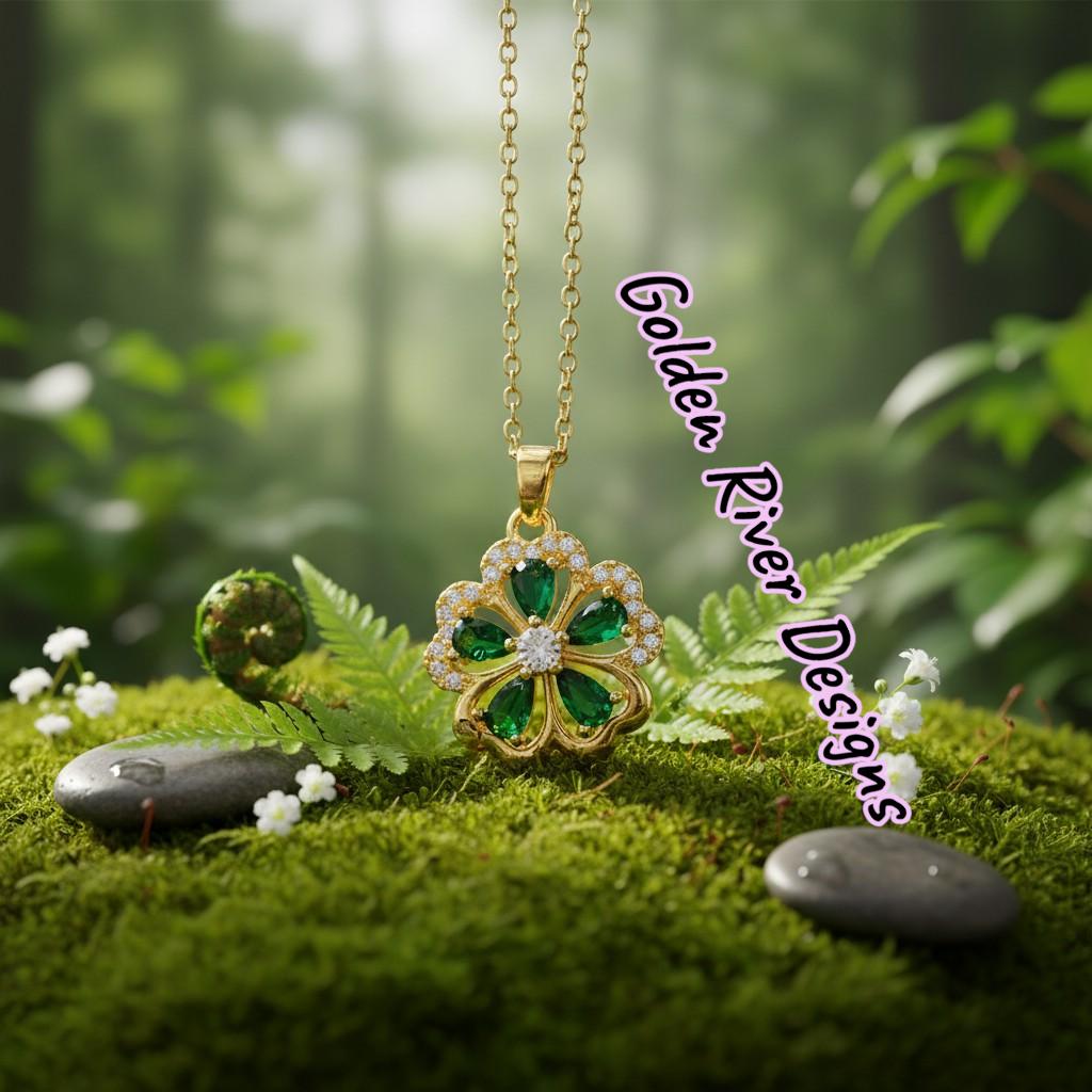 18K Gold PVD Stainless Steel Green Clover Necklace, Zircon Jewelry, Dainty Pendant