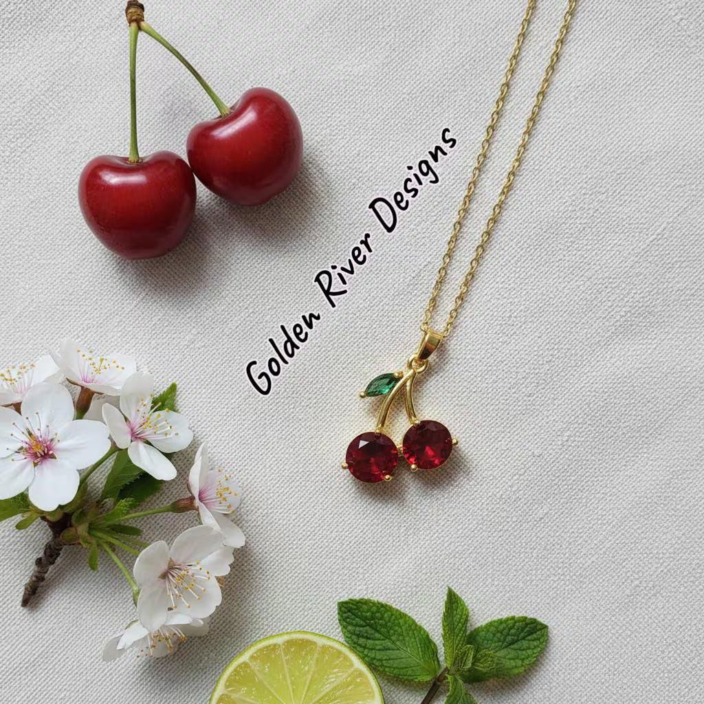 18K Gold PVD Stainless Steel Red Cherry Zircon Necklace