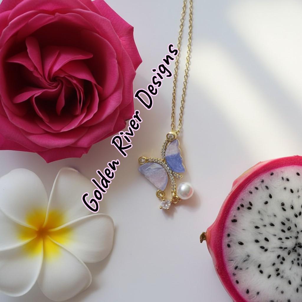 18K Gold PVD Stainless Steel Purple Butterfly Pearl Necklace, Zircon Jewelry, Dainty Pendant