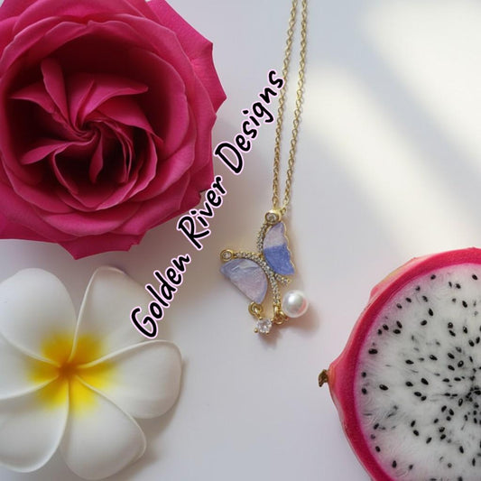 18K Gold PVD Stainless Steel Purple Butterfly Pearl Necklace, Zircon Jewelry, Dainty Pendant