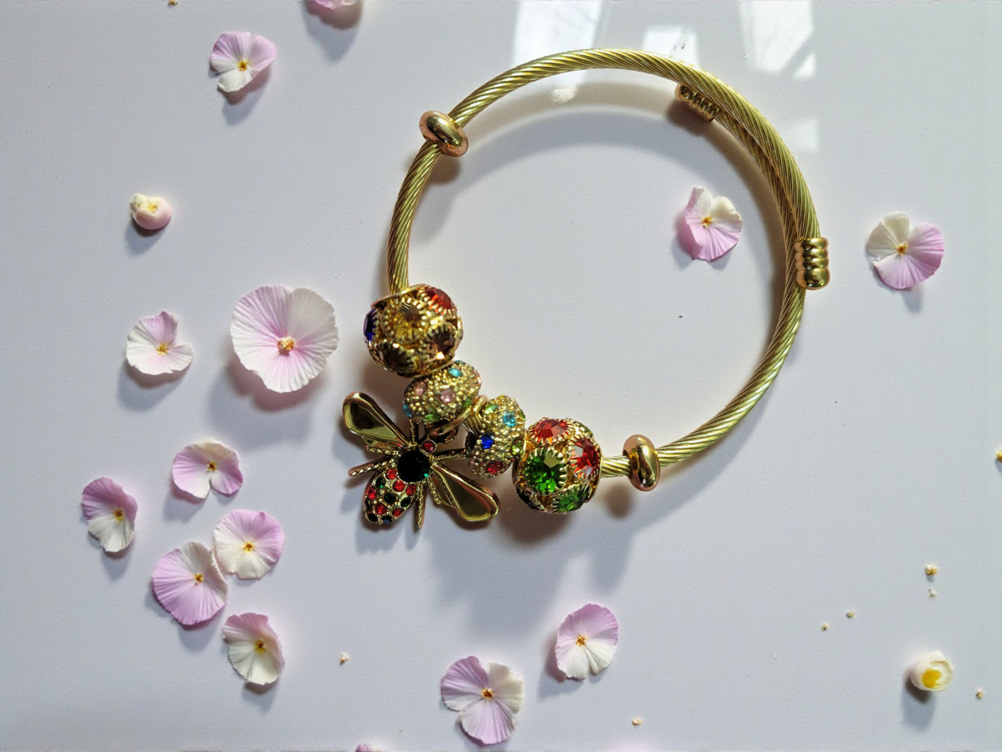 18K Gold Plated Red and Green Bee Stainless Steel Bangles