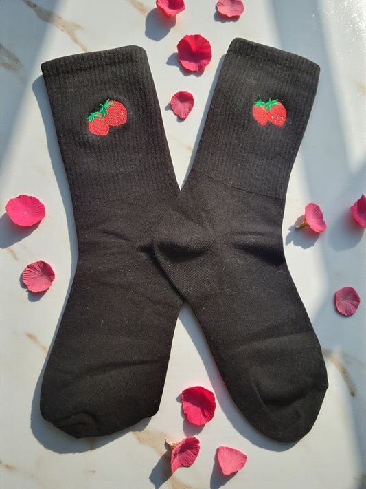 Women's Pink Strawberry Black 75% Cotton Socks